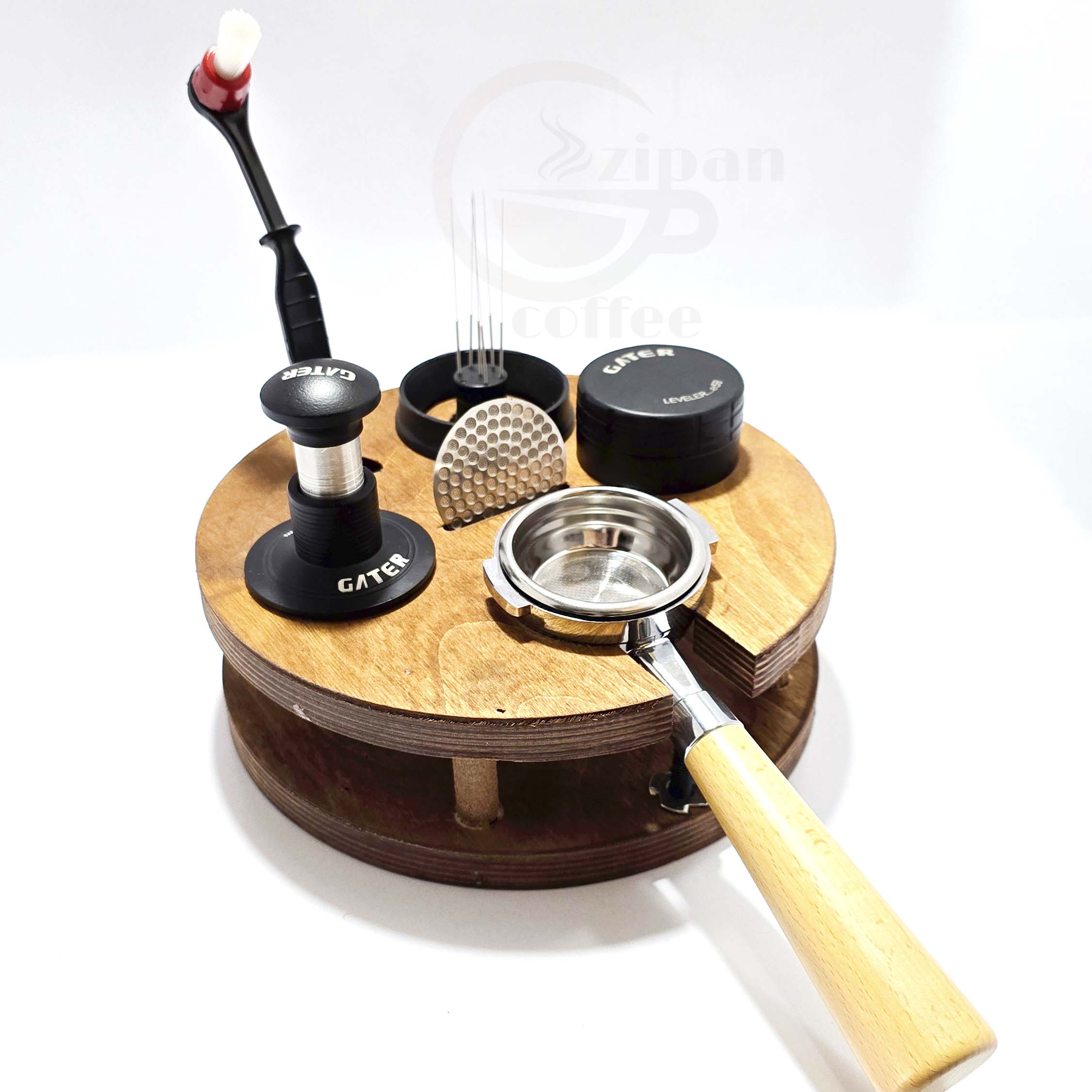استند کامل ابزار باریستا چوبی گرد | نظم دهنده تجهیزات قهوه طرح دایره ای