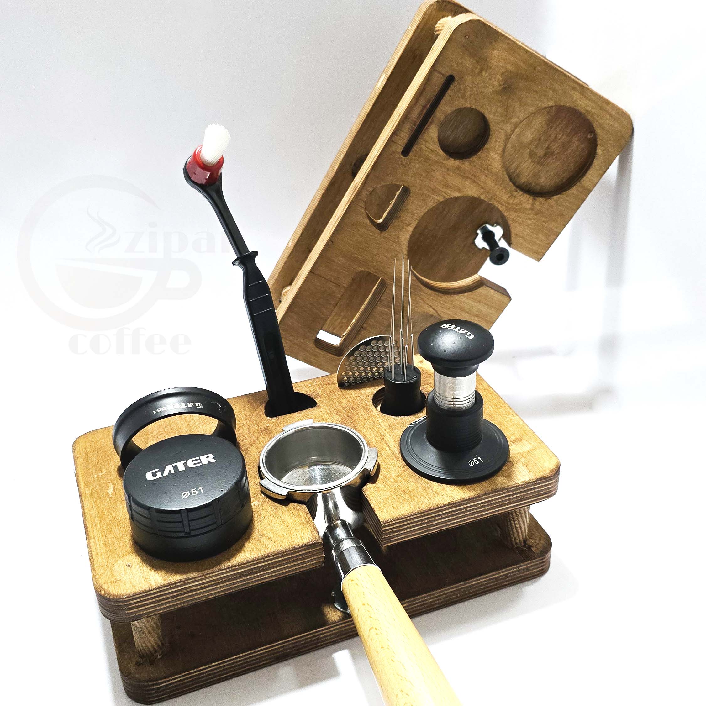 استند مستطیلی تجهیزات قهوه چوبی |نگهدارنده تمپر و پورتافیلتر | Zipan