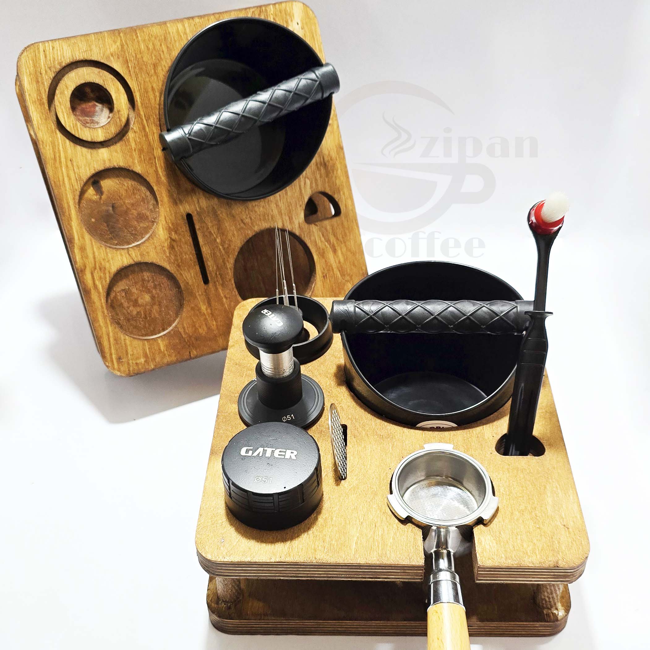 استند چوبی لوازم قهوه همراه ناک باکس| نظم‌دهنده کامل میز باریستا