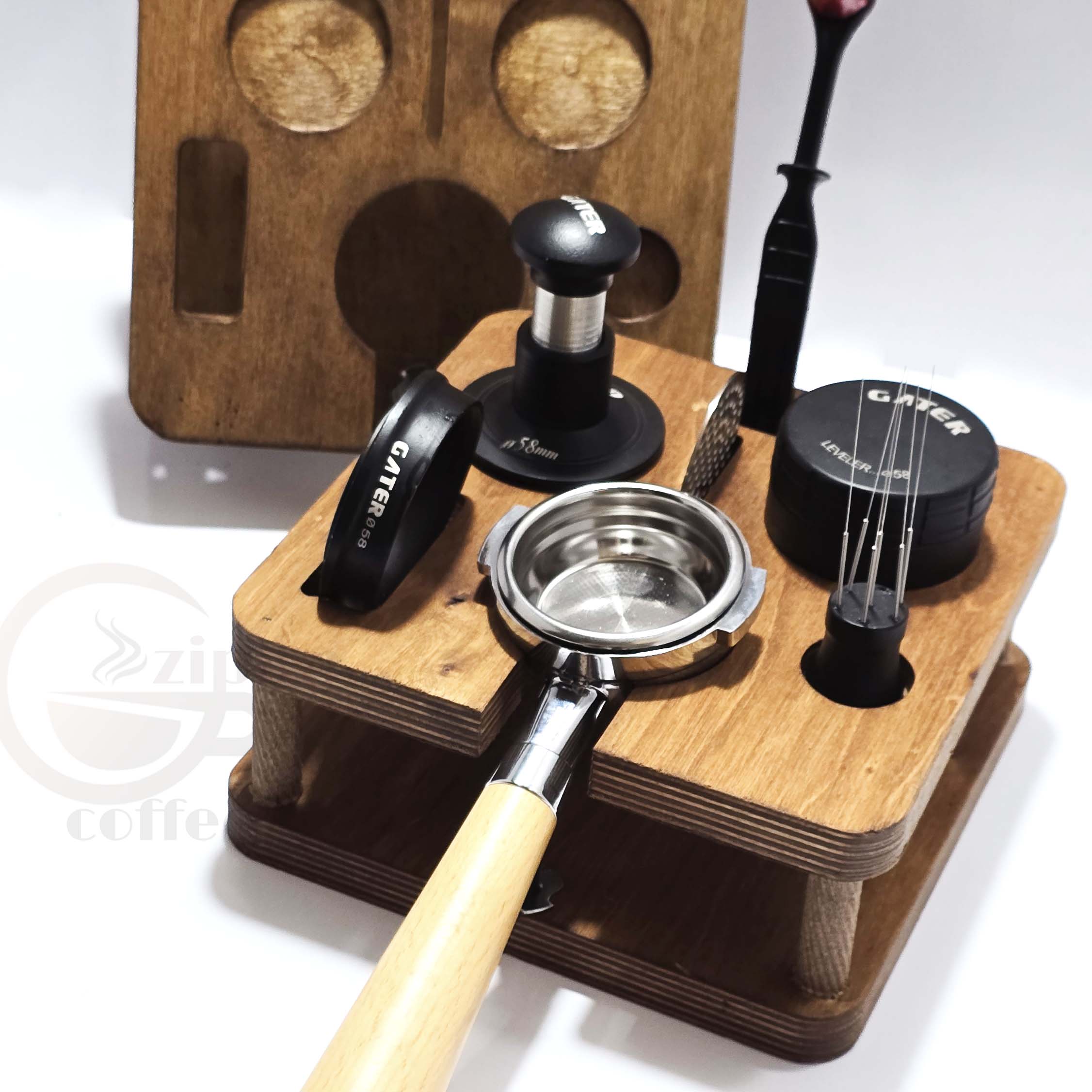 استند کامل لوازم قهوه چوبی مربعی | نظم‌دهنده حرفه‌ای ابزار باریستا